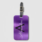 紫色のブラシ仕上げ金属モノグラムの名前とイニシャル ラゲッジタグ (正面縦)