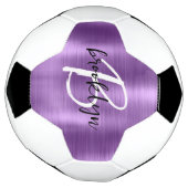 紫色のブラシ仕上げ金属白黒スクリプトモノグラム サッカーボール (回転)