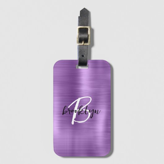 紫色のブラシ仕上げ金属白黒スクリプトモノグラム ラゲッジタグ (正面縦)