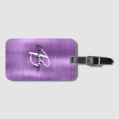 紫色のブラシ仕上げ金属白黒スクリプトモノグラム ラゲッジタグ (正面横)
