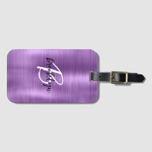 紫色のブラシ仕上げ金属白黒スクリプトモノグラム ラゲッジタグ (正面横)
