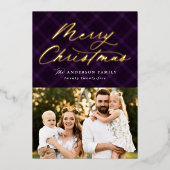 紫色のブラシ付き格子模様ゴールドフォイル写真 箔シーズンカード (正面)