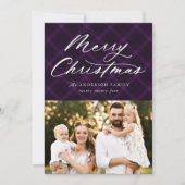 紫色のブラシ付き格子模様メリークリスマス3写真 シーズンカード (正面)