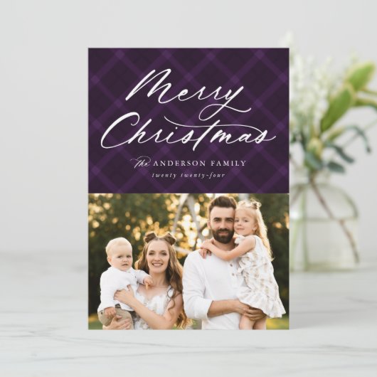 紫色のブラシ付き格子模様メリークリスマス3写真 シーズンカード (スタンド正面)
