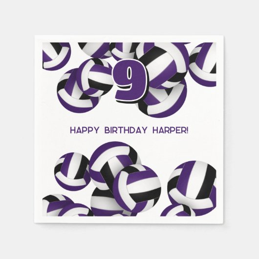 紫色のブラックチームカラーバレーボールキッズスポーツ スタンダードカクテルナプキン (正面)