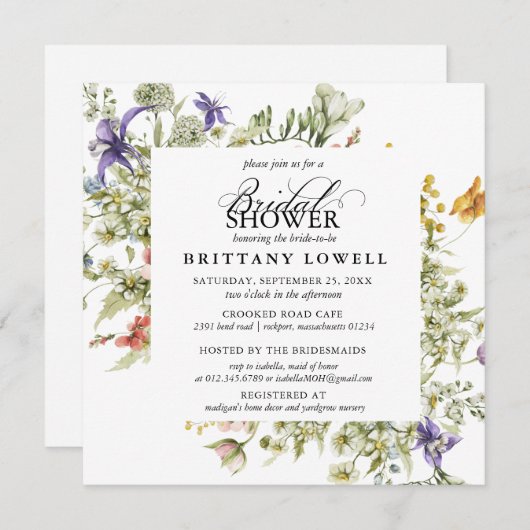 紫色のブルーウォーターカラーワイルドフラワーブライダルシャワー 招待状 (正面/裏面)