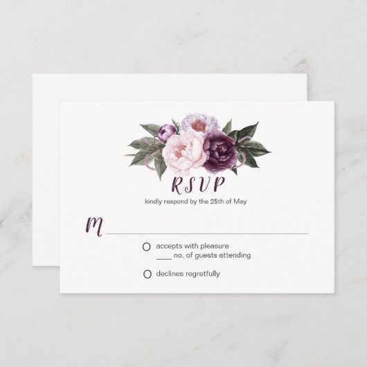 紫色のプラムピンク牡丹ブーケグリーンリーRSVP #3 出欠カード (正面/裏面)