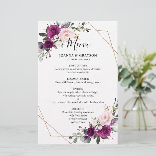 紫色のプラム赤面ピンクローズ幾何結婚メニュー (スタンド正面)