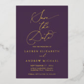 紫色のプラム金箔ミニマルな日付を保存 箔招待状 (正面)