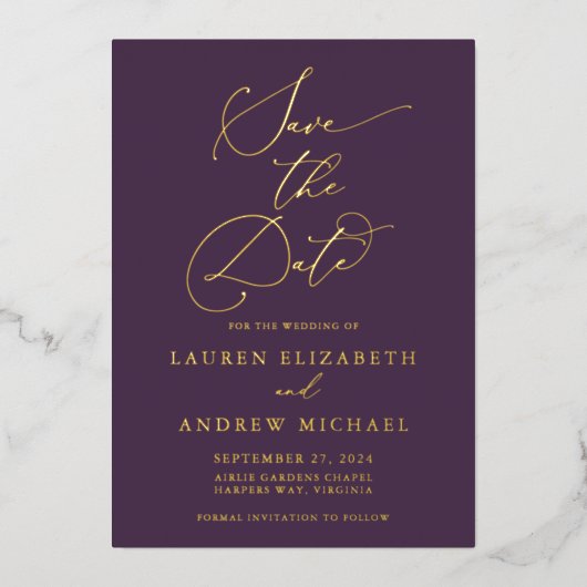 紫色のプラム金箔ミニマルな日付を保存 箔招待状 (正面)