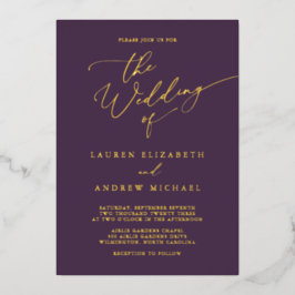 紫色のプラム金箔モノグラムミニマル結婚リスト 箔招待状