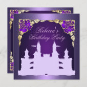 紫色のプリンセスの城の誕生日の招待状 招待状 (正面/裏面)