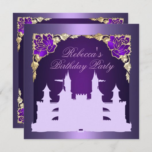 紫色のプリンセスの城の誕生日の招待状 招待状 (正面/裏面)