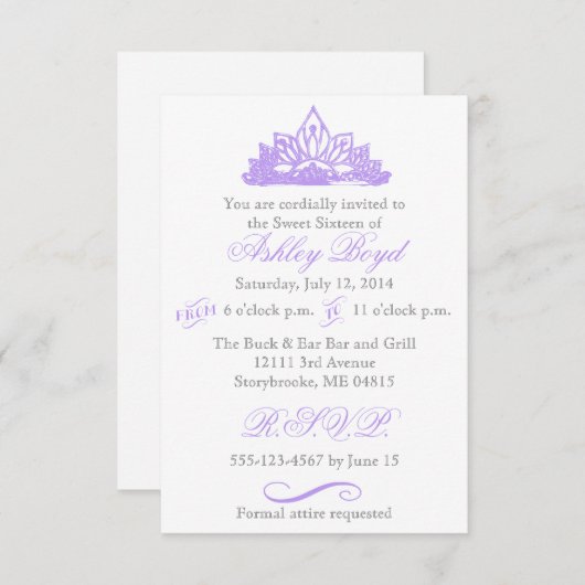 紫色のプリンセスのSweet sixteenの招待状 招待状 (正面/裏面)