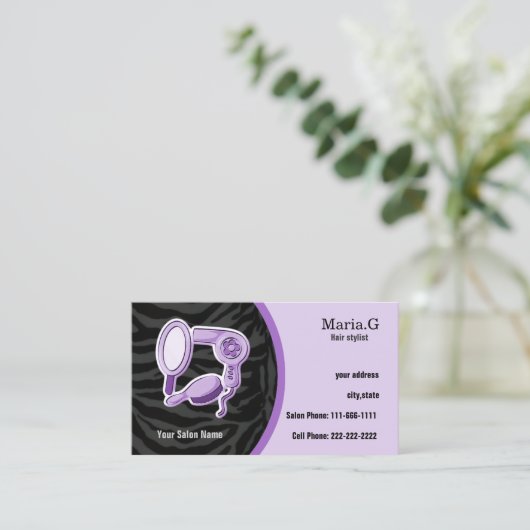 紫色のヘアサロンカード(背面にアポイントメントが付いている) 予約カード (スタンド正面)