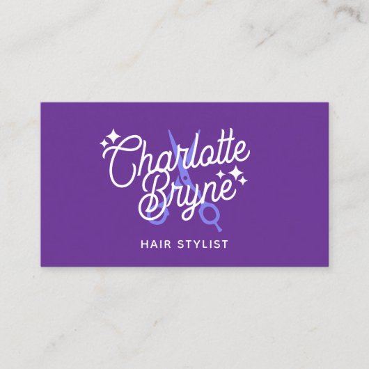 紫色のヘアスタイリストのクリッピングシャー 名刺 (正面)