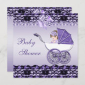 紫色のベビーカーに乗ったかわいい赤ちゃん女の子　ベビーシャワー 招待状 (正面/裏面)