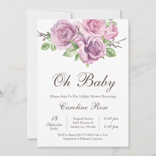 紫色のベビーガールシャワー招待状、紫色の花 招待状 (正面)