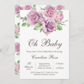 紫色のベビーガールシャワー招待状、紫色の花 招待状 (正面/裏面)