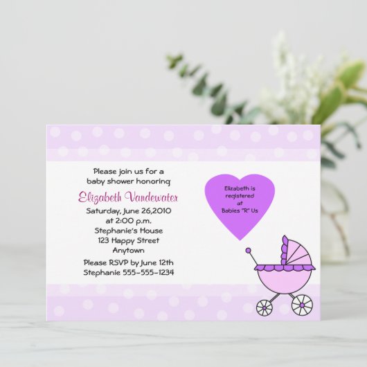 紫色のベビーシャワーの招待状キャリッジ招待状 招待状 (スタンド正面)