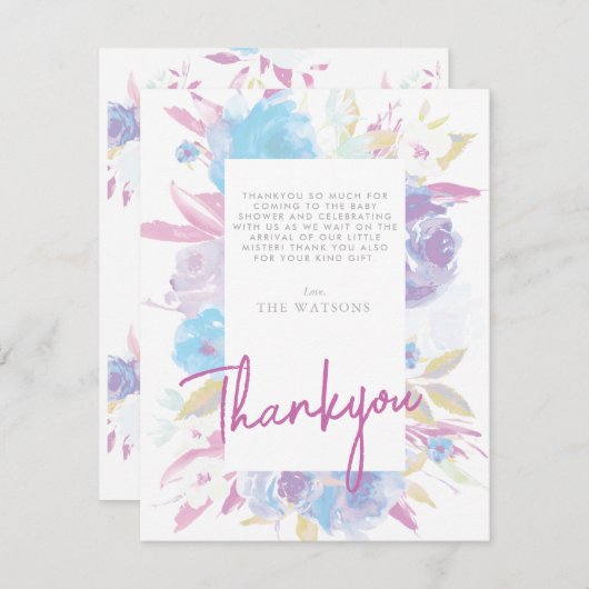 紫色のベビーシャワーフローラ水色 サンキューカード (正面/裏面)