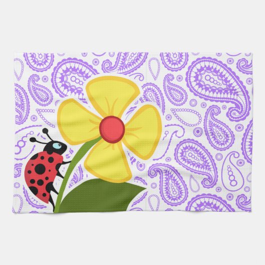 紫色のペイズリーパターン; てんとう虫 キッチンタオル (横)