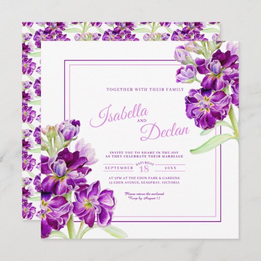 紫色のホアリのストック花の水彩結婚芸術 招待状 (正面/裏面)