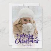 紫色のホイルのスクリプト雪の写真クリスマスカード シーズンカード (正面)