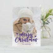 紫色のホイルのスクリプト雪の写真クリスマスカード シーズンカード (スタンド正面)