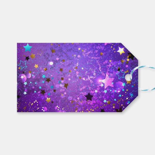 紫色のホイル背景に星 ギフトタグ (正面(横))