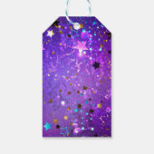 紫色のホイル背景に星 ギフトタグ (裏面)