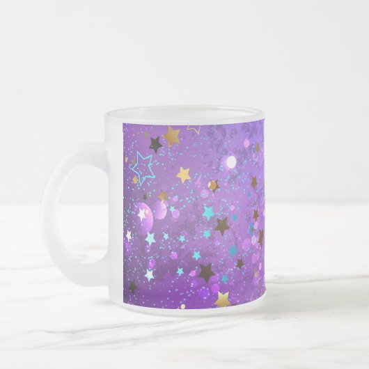 紫色のホイル背景に星 フロストグラスマグカップ (左)