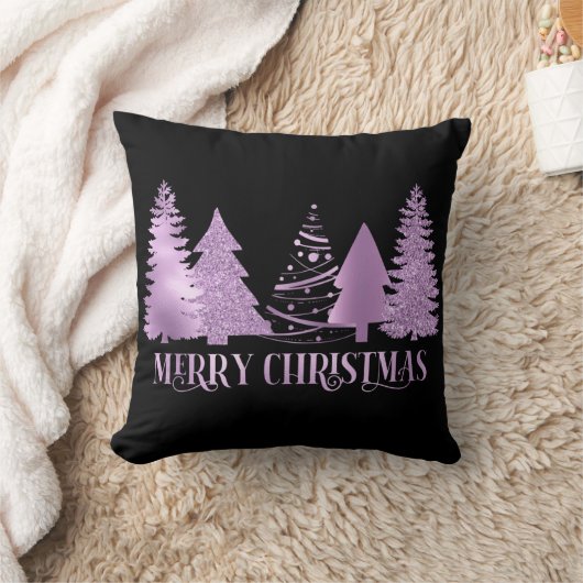 紫色のホイル金属的なメリークリスマスツリーを見る クッション (ブランケット)