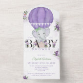 紫色のホットエアバルーンエレファントベビーシャワー オールインワン招待状 (内側)