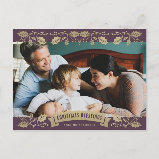 紫色のホリー宗教的クリスチャン写真クリスマス シーズンポストカード (正面)