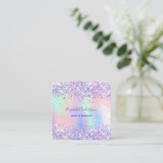 紫色のホログラフィックフォトqrコード スクエア名刺 (スタンド正面)