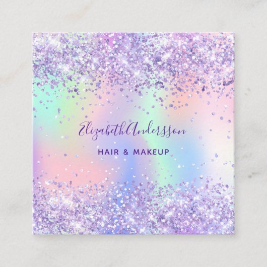 紫色のホログラフィックフォトqrコード スクエア名刺 (正面)