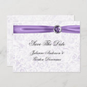 紫色のホワイトダマスクリボン宝石の日付を保存 案内ポストカード (正面/裏面)