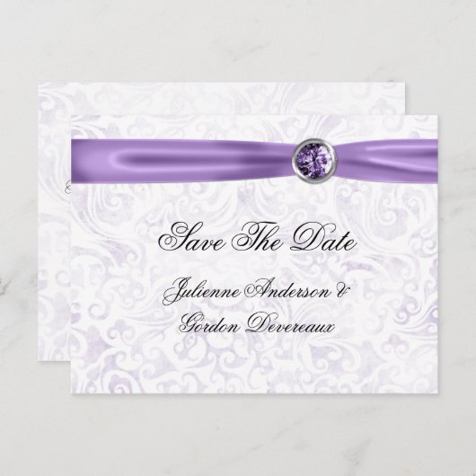 紫色のホワイトダマスクリボン宝石の日付を保存 案内ポストカード (正面/裏面)