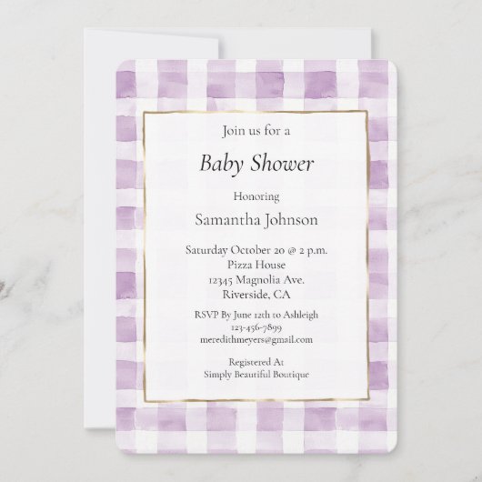 紫色のホワイトプレイドストライプベビーシャワー 招待状 (正面)