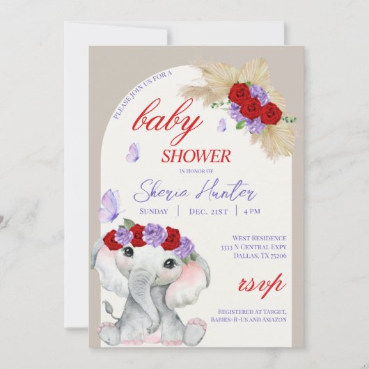 紫色のボホゾウと蝶の赤ちゃんシャワー 招待状 (正面)