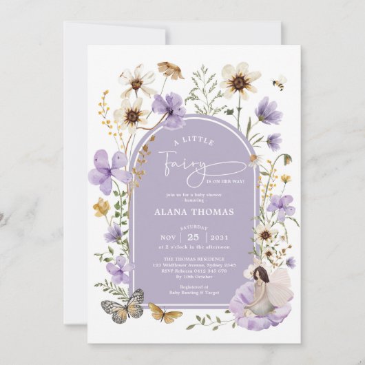 紫色のボホフェアリーのワイルドフラワーガールベビーシャワー 招待状 (正面)