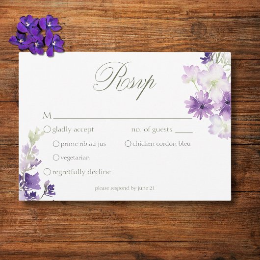 紫色のボホワイルドフラワーズホワイト結婚ズディナー 出欠カード