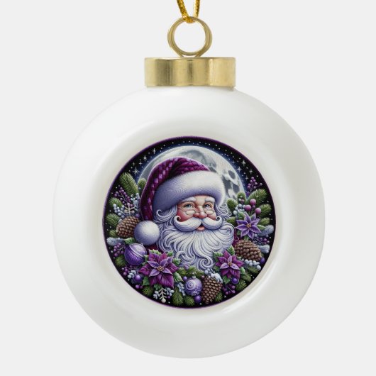 紫色のポインセチアSanta魅惑的なクリスマス セラミックボールオーナメント (正面)