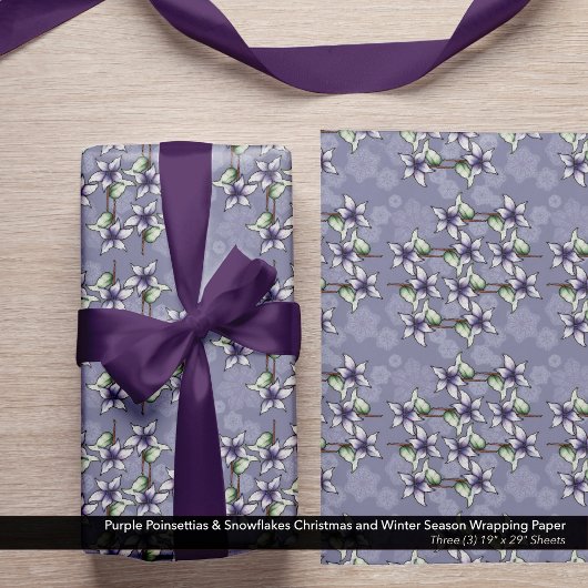 紫色のポインセティアス&スノーフレークのクリスマス冬 ラッピングペーパーシート