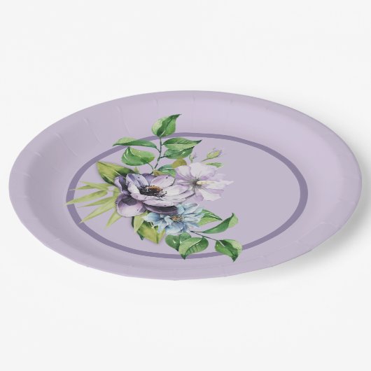 紫色のポピーの水カラーフローラ ペーパープレート (アングル)