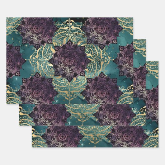 紫色のマンダラズアンド蝶オンティール(緑がかった色)ナイトスカイ ラッピングペーパーシート (セット)