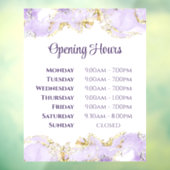 紫色のマーリングデザインの開店時間のウィンドウにしがみつく ウィンドウサイン (シート3)