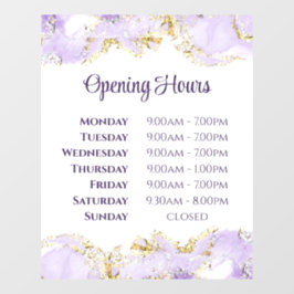 紫色のマーリングデザインの開店時間のウィンドウにしがみつく ウィンドウサイン