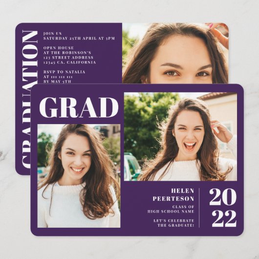紫色のミニマルモダンリスト3枚の写真の卒業 招待状 (正面/裏面)